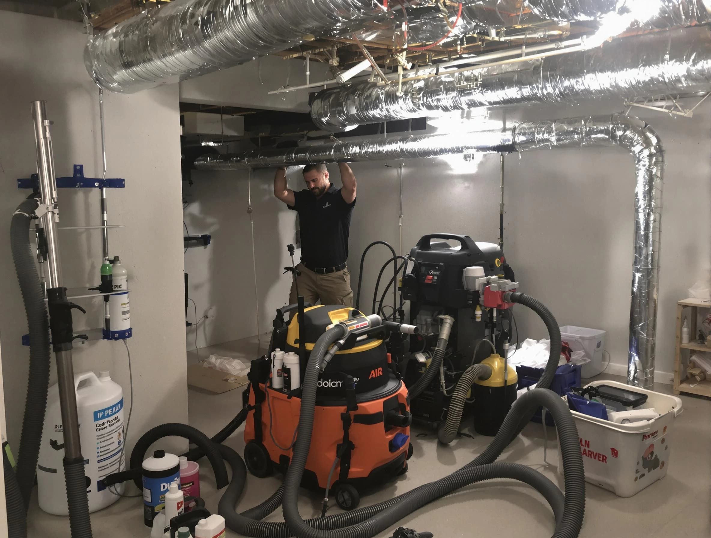 Wakefield Air Duct Cleaning specialist performing professional mold removal from air ducts using safety equipment in Wakefield